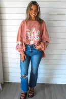 Peach Blossom Flower Applique Patchwork Drop Sleeve Pullover Sweatshirt