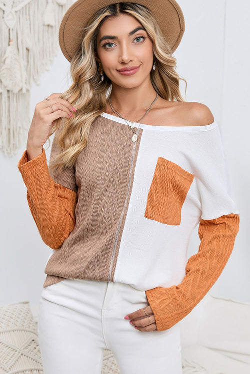 Orange Long Sleeve Colorblock Chest Pocket Textured Knit Top