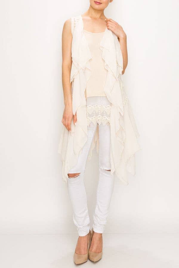 Origami Apparel ~  Lace and Crochet inspired - CHIFFON LAYERED CROCHET VEST -4384 NAT