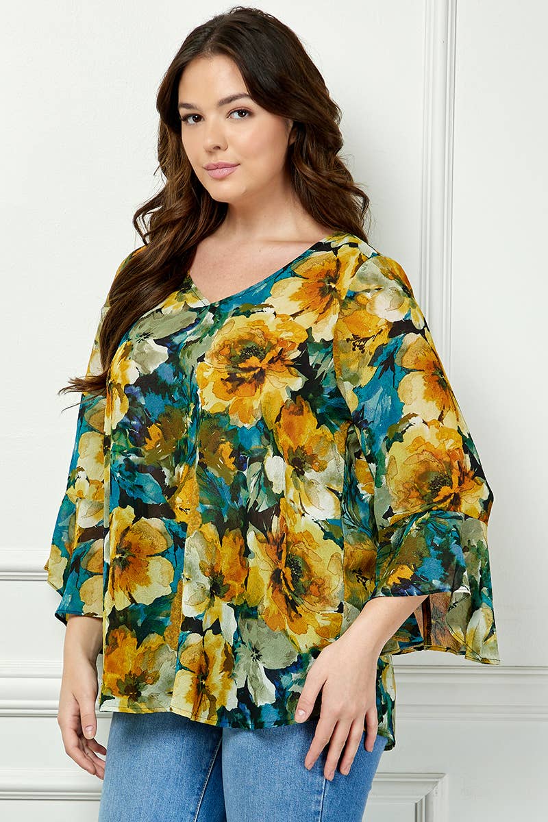 Winslow Collection - PLUS SIZE RUFFLE SLEEVE V-NECK SWING BLOUSE