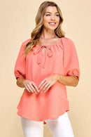 Shopin LA - ST4082D - WOMEN SOLID PUFF SHORT SLV WOVEN TOP W TIE DETAIL