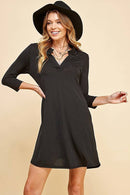 Shopin LA - Q2019D- WOMEN SOLID 3/4 SLEEVE MOCK V NECK TUNIC DRESS