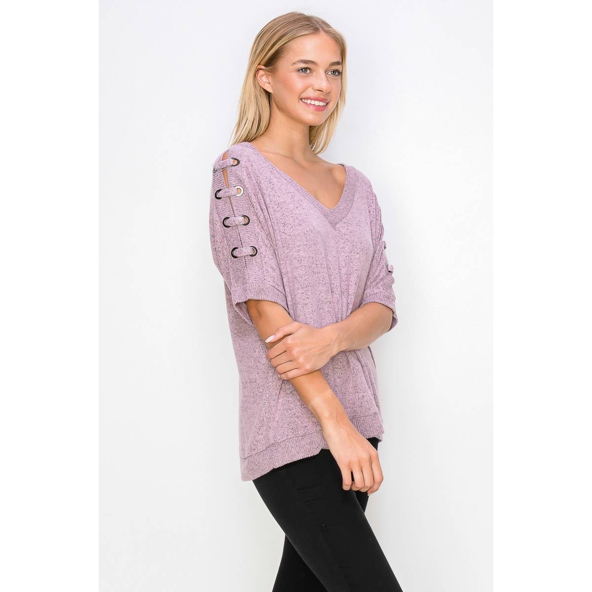 Perseption - Grommet Lace Up Sleeve V Neck Top