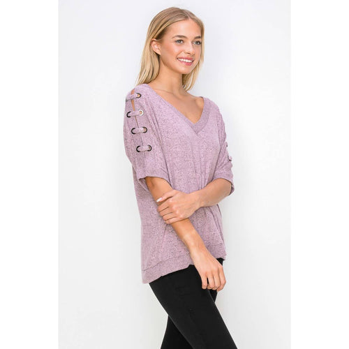 Perseption - Grommet Lace Up Sleeve V Neck Top