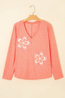 Fresh Salmon Floral Patched V Neck Long Sleeve Top