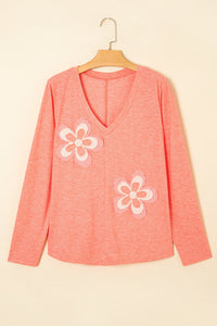 Fresh Salmon Floral Patched V Neck Long Sleeve Top