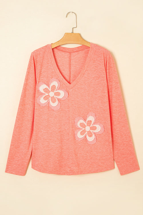 Fresh Salmon Floral Patched V Neck Long Sleeve Top