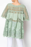 Origami Apparel ~  Lace and Crochet inspired - Boho Flowy Textured Lace Crochet Tunic Top - 4516SAGE