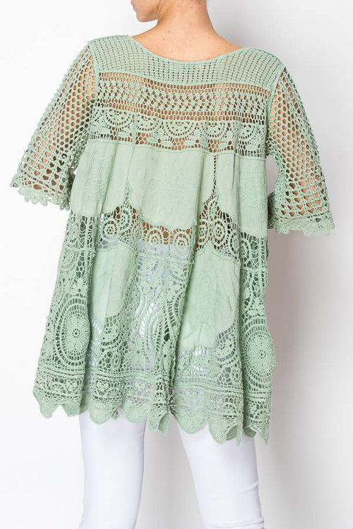 Origami Apparel ~  Lace and Crochet inspired - Boho Flowy Textured Lace Crochet Tunic Top - 4516SAGE