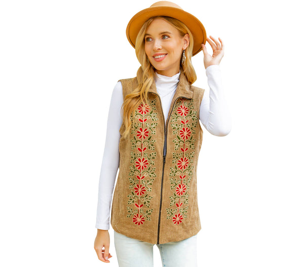 Young Threads - Womens Casual Sleeveless Embroidered Zipper Vest With Pockets