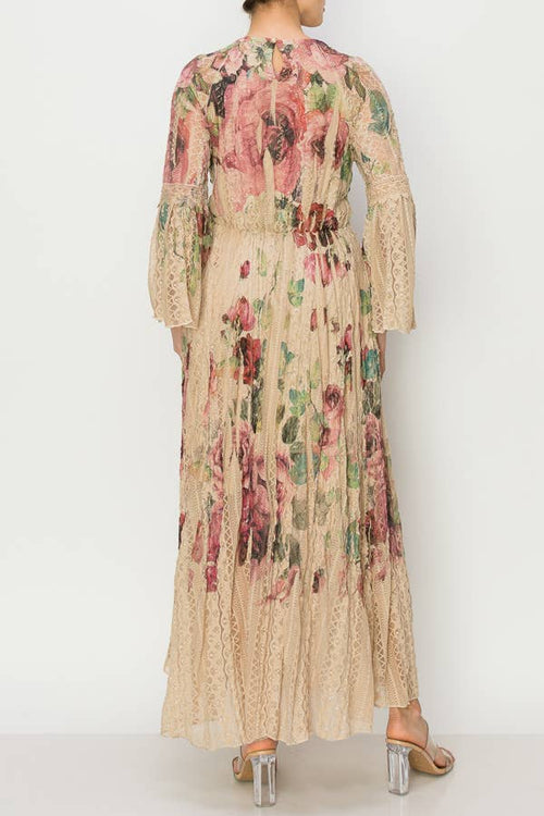 Origami Apparel ~  Lace and Crochet inspired - Romantic Lace Bell-Sleeved A-Line Midi Dress - 4658TP-BIG ROSE