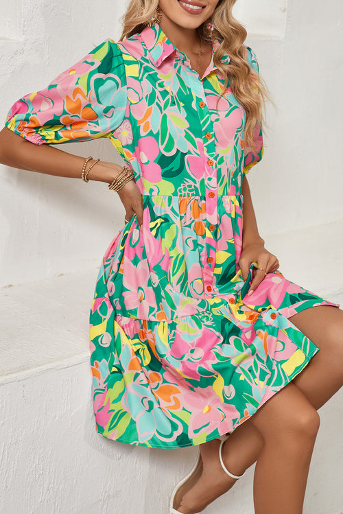 Green Floral Puff Sleeve Buttoned Babydoll Dress