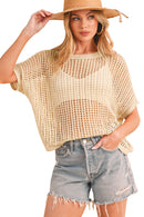 Apricot Fishnet Knit Ribbed Round Neck Short Sleeve Tee