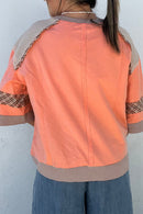 Grapefruit Orange Plaid Waffle Flower Patchwork Bracelet Sleeve Top