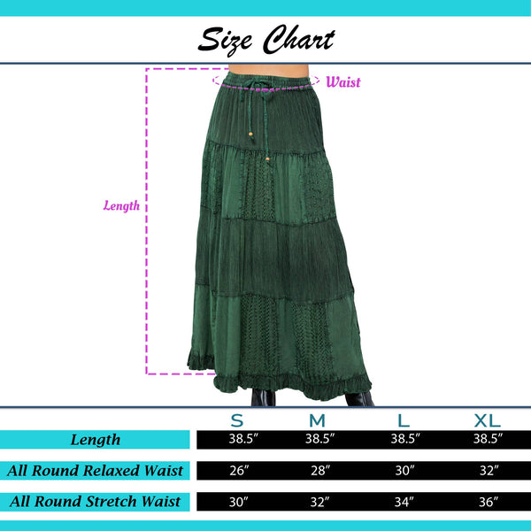 Young Threads - Retro Chic Crinkled Tiered Green Skirt With Mixed Embroidery Patch