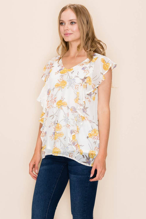 Shopin LA - SP2919T-0619 - WOMEN FLORAL PRINT RUFFLE BLOUSE