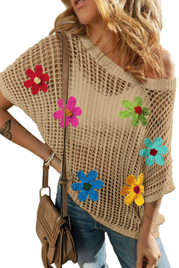 Light Beige Hollowed Crochet Colorful Flower Loose Knit T Shirt