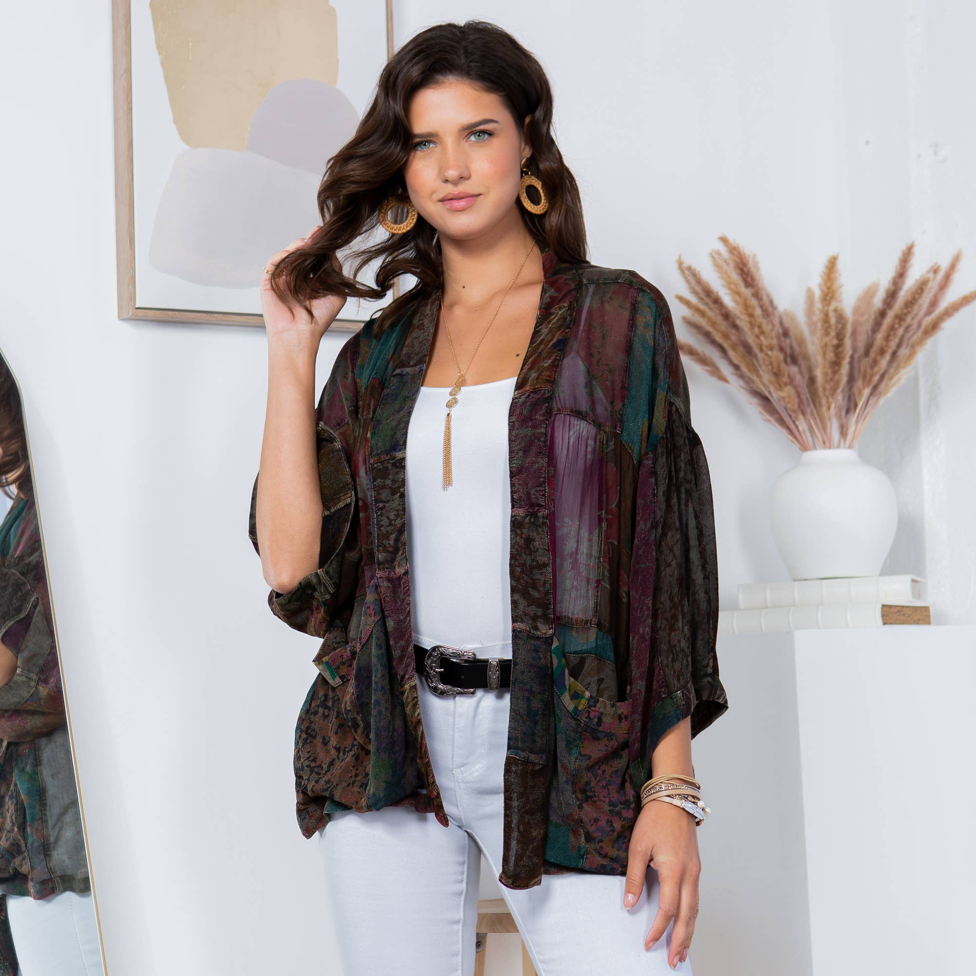 YOUNG THREADS - Western Kimono Top In Overdyed Mix N Match Patches