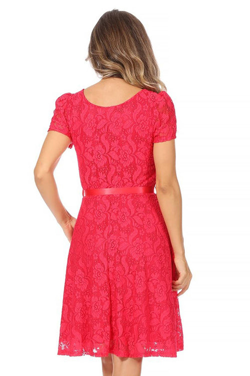 MOA COLLECTION - Women's Lace Short Sleeve A-Line Midi Dress