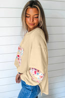 Peach Blossom Flower Applique Patchwork Drop Sleeve Pullover Sweatshirt