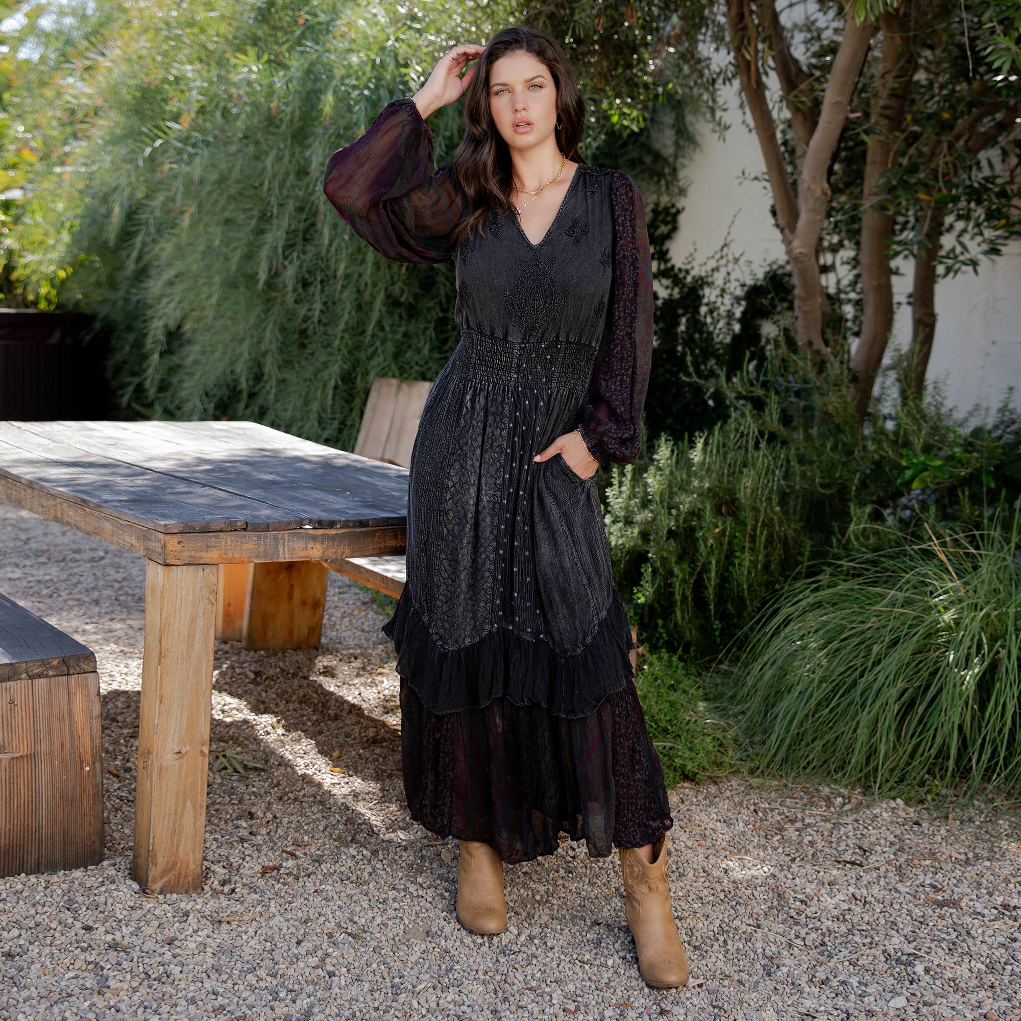 black boho long sleeve dress Womens Boho Floral Dresses Vintage Long Sleeve Crew Neck A Line Pleated Swing Flowy Maxi Dress Wedding Guest Dress Black at Amazon Women's Clothing store