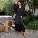 Young Threads - Boho Embroidered Ruffle Maxi Smocked Dress with Sheer Sleeve