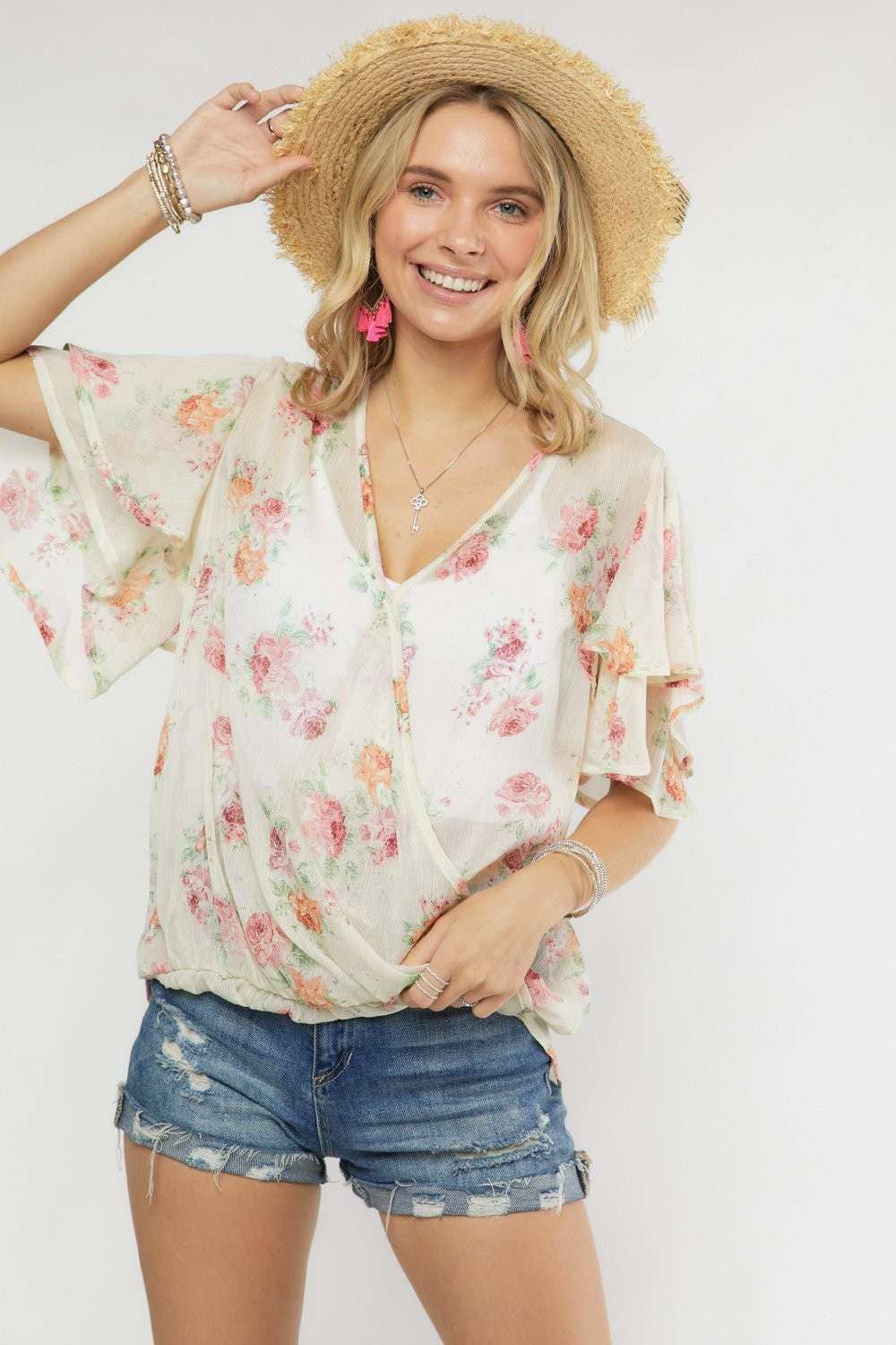 Madelyn - LYT14199A-PRINTED CROSS OVER FLARE SLEEVE TOP