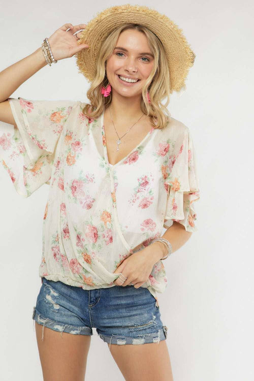 Madelyn - LYT14199A-PRINTED CROSS OVER FLARE SLEEVE TOP