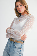 Black Sheer Floral Lace Long Sleeve Slim Fit Top