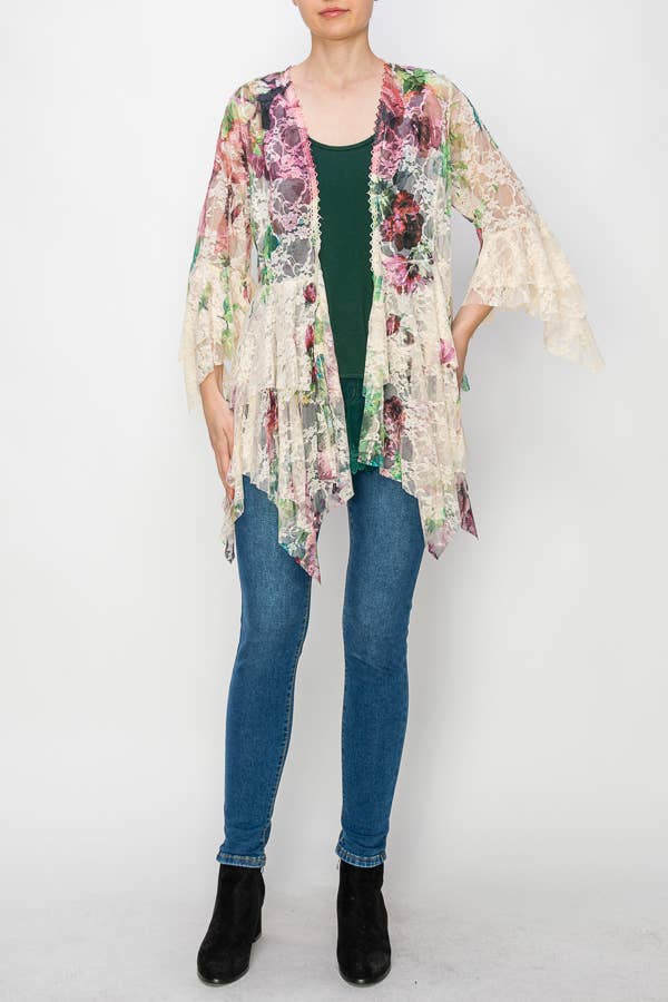 Origami Apparel ~  Lace and Crochet inspired - OLS-4618 BG/BIG ROSE CARDIGAN