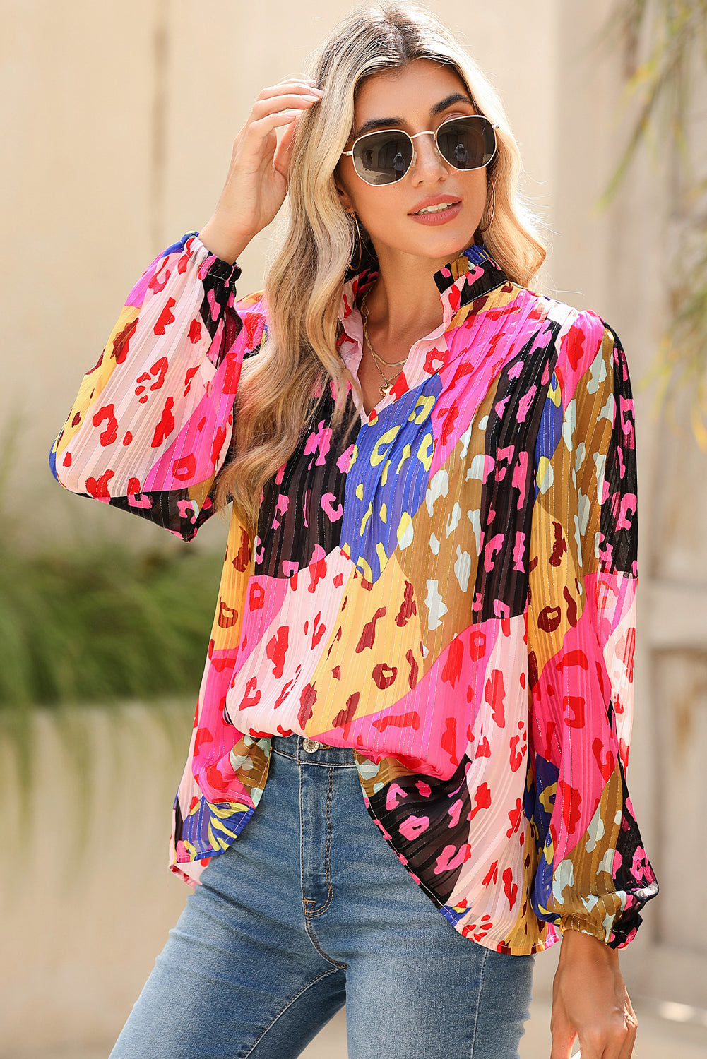 Orange Leopard Print Puff Sleeve Crinkle Blouse