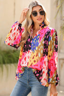 Orange Leopard Print Puff Sleeve Crinkle Blouse