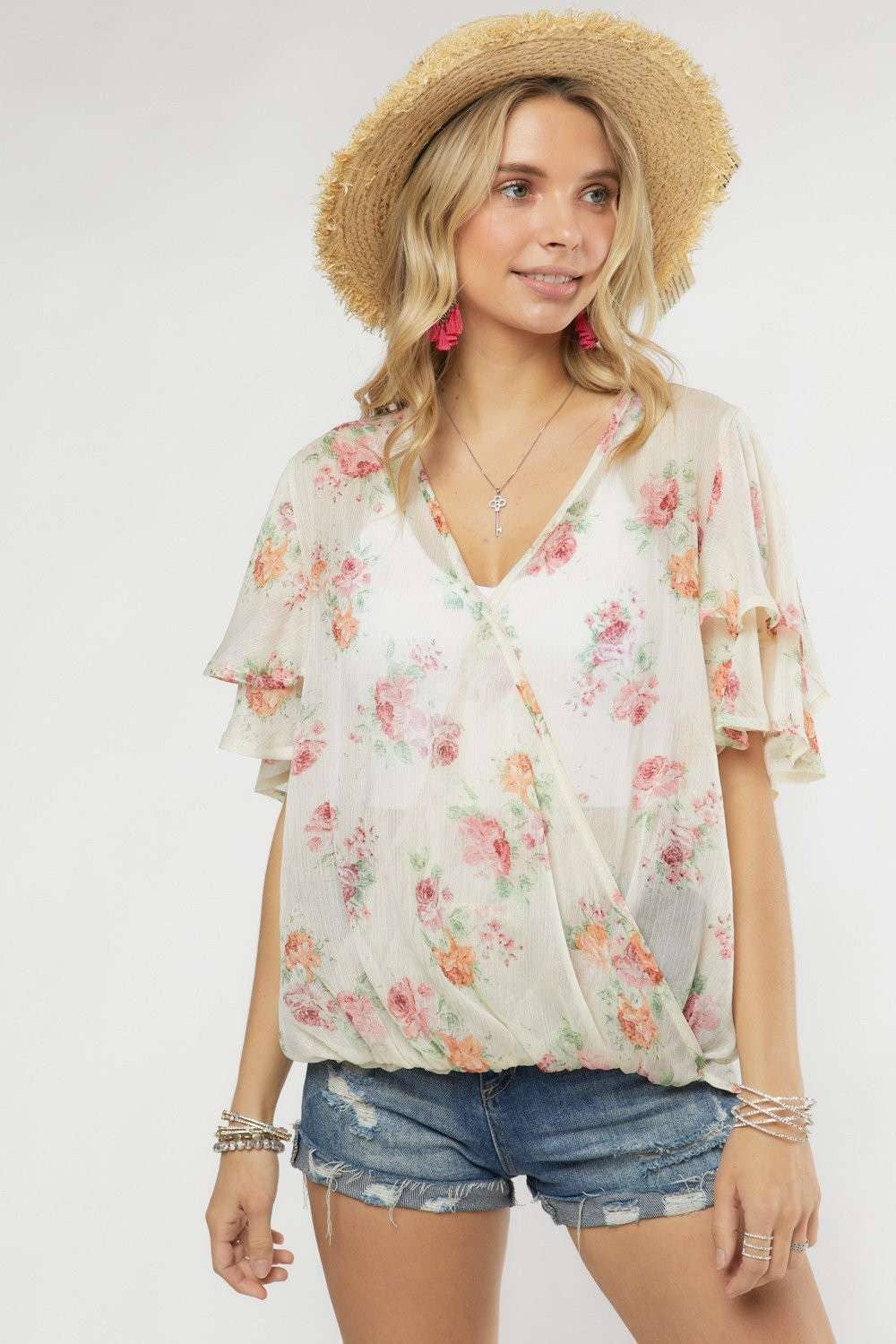 Madelyn - LYT14199A-PRINTED CROSS OVER FLARE SLEEVE TOP