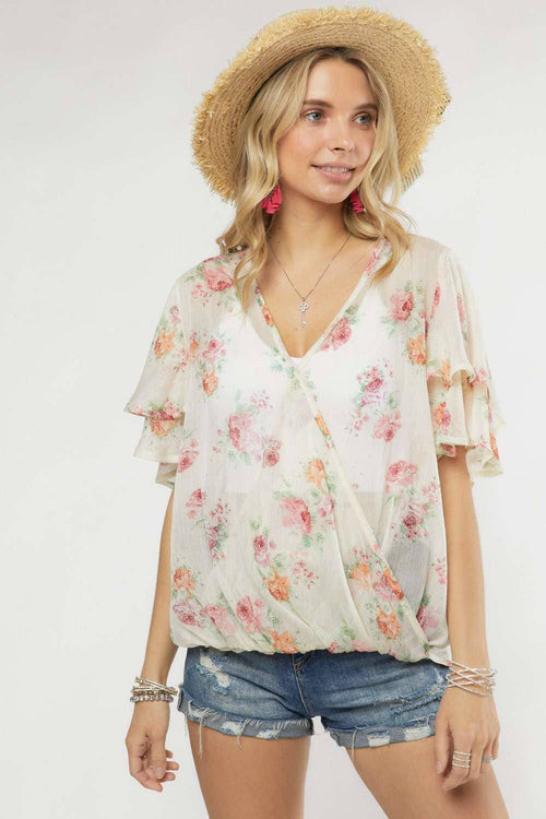 Madelyn - LYT14199A-PRINTED CROSS OVER FLARE SLEEVE TOP