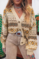 Khaki Geometric Pattern Button V Neck Cardigan
