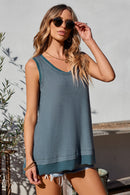 Black Scoop Neck Waffle Knit Splicing Flowy Vest