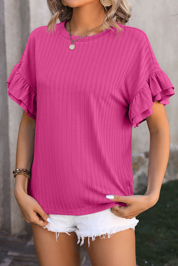 Orchid Solid Color Textured Layered Ruffle Sleeve T Shirt