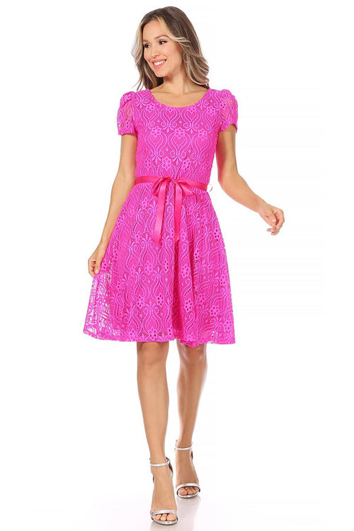 MOA COLLECTION - Women's Lace Short Sleeve A-Line Midi Dress