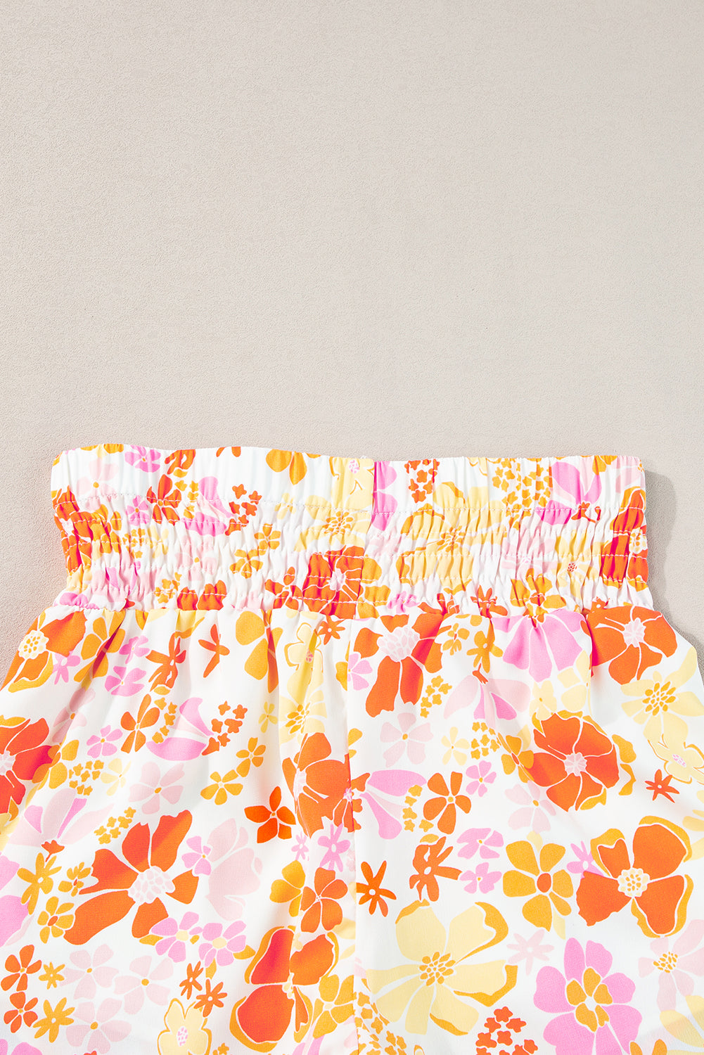 Pink Boho Floral Shirred High Waist Athletic Shorts