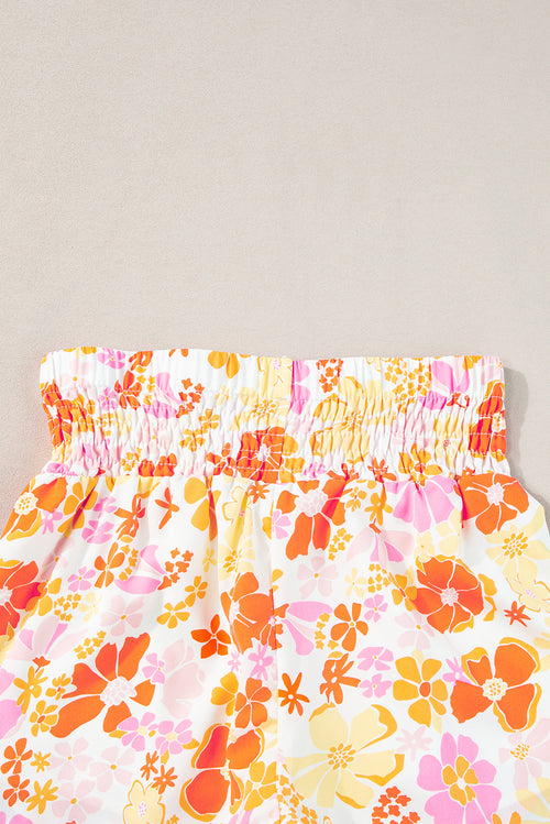 Pink Boho Floral Shirred High Waist Athletic Shorts