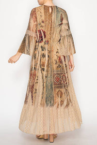 Origami Apparel ~  Lace and Crochet inspired - Romantic Lace Bell-Sleeved A-Line Midi Dress - 4658TP VINT BIRD