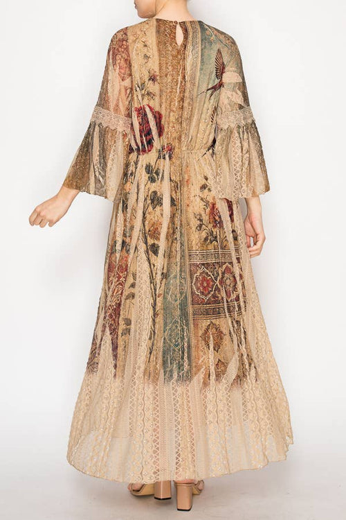 Origami Apparel ~  Lace and Crochet inspired - Romantic Lace Bell-Sleeved A-Line Midi Dress - 4658TP VINT BIRD