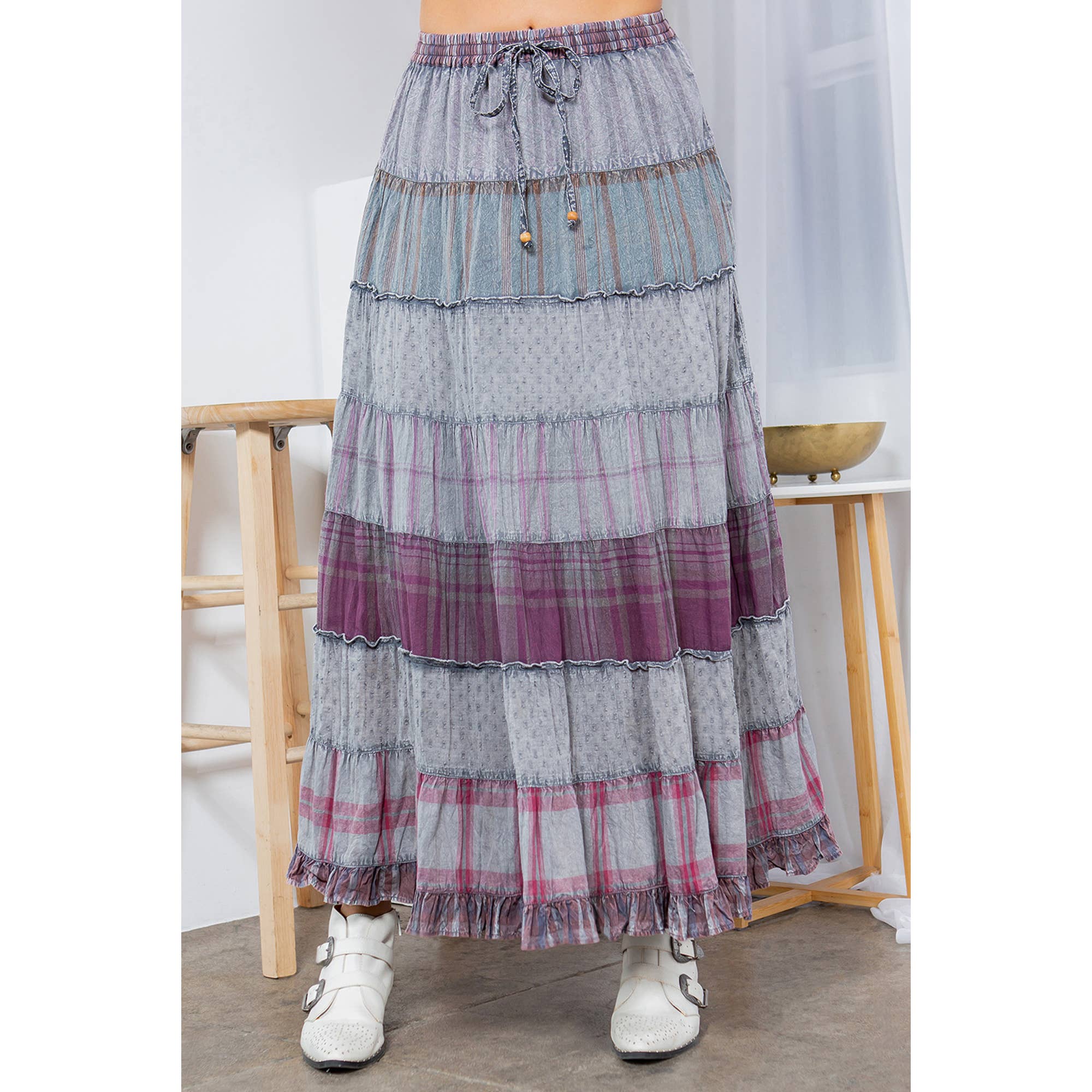 Young Threads - Vintage Vibes: Crinkled Tiered Skirt With Mixed Cotton Dobby
