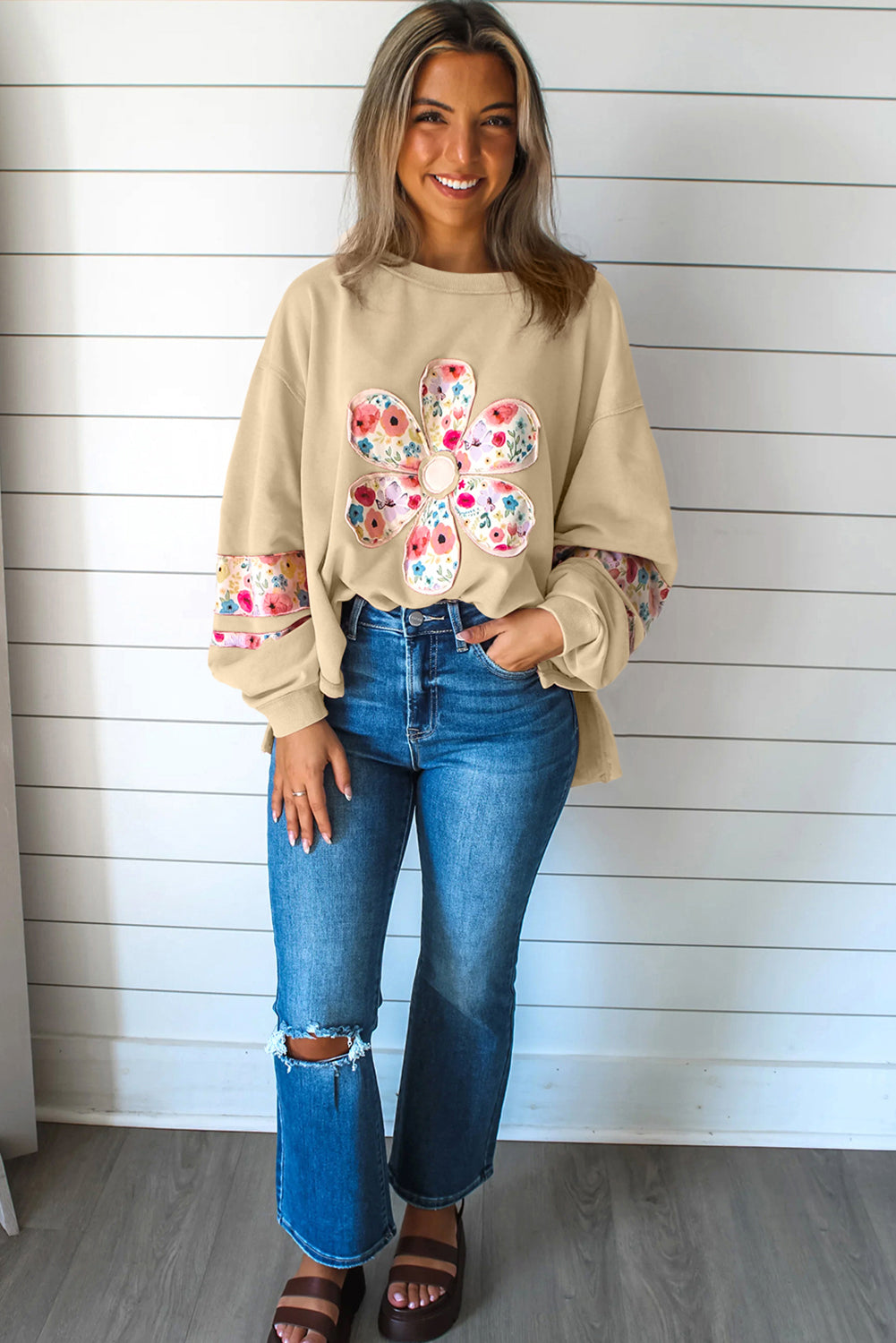 Peach Blossom Flower Applique Patchwork Drop Sleeve Pullover Sweatshirt
