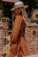 Brown Long Sleeve Smocked Tiered Boho Dress