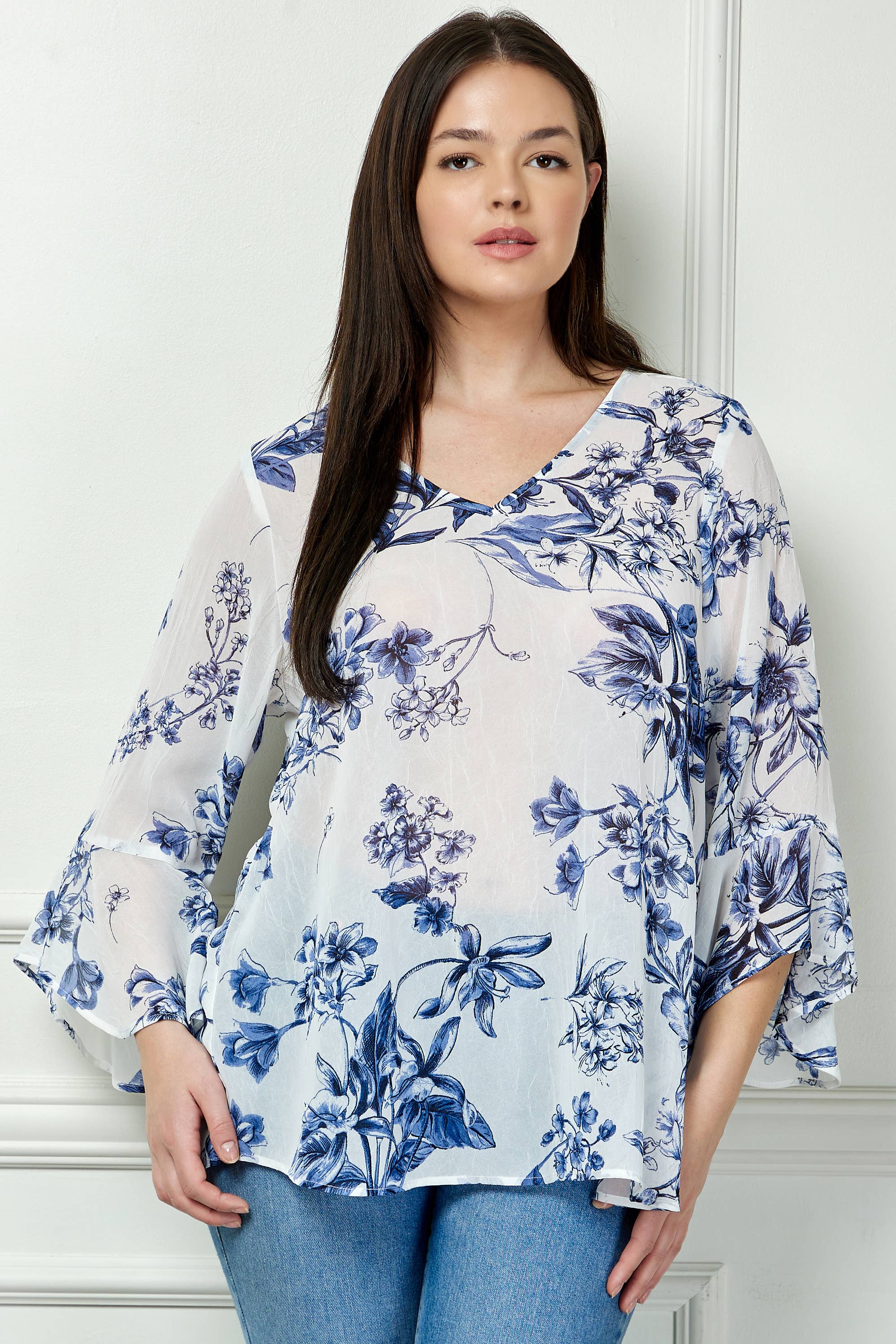 Winslow Collection - PLUS SIZE RUFFLE SLEEVE V-NECK SWING TOP
