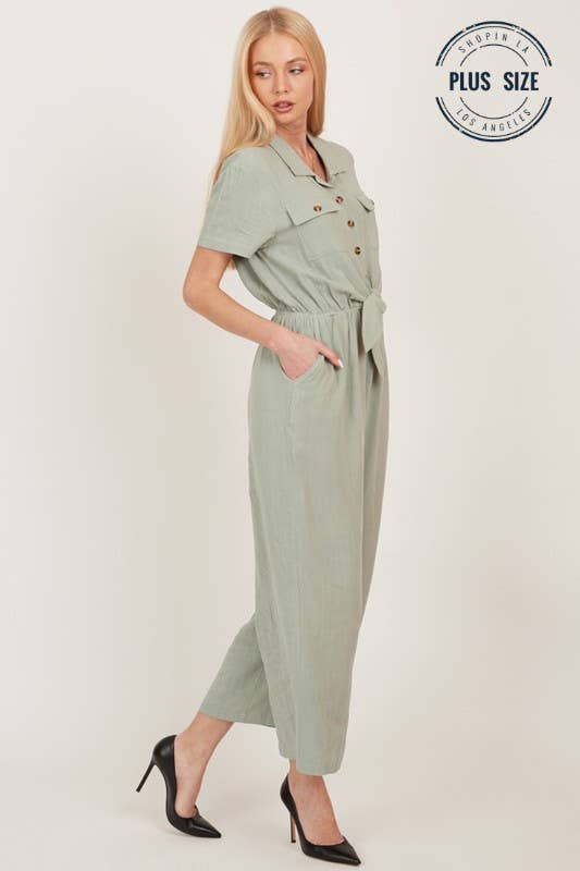 Shopin LA - CSP9220P - PLUS BUTTON UP FRONT POCKET COLLARED JUMPSUIT