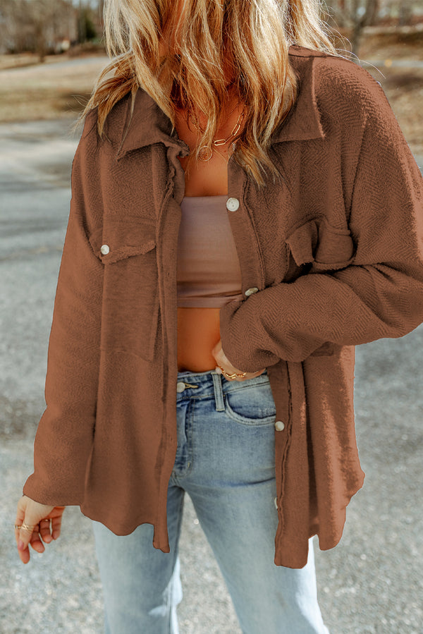 Red Textured Button Up Shirt Shacket with Flap Pockets