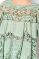 Origami Apparel ~  Lace and Crochet inspired - Boho Flowy Textured Lace Crochet Tunic Top - 4516SAGE