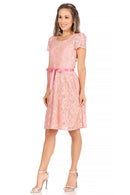 MOA COLLECTION - Women's Lace Short Sleeve A-Line Midi Dress